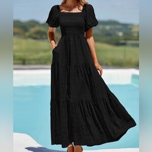 Chic Black Maxi Dress with Puff Sleeves
